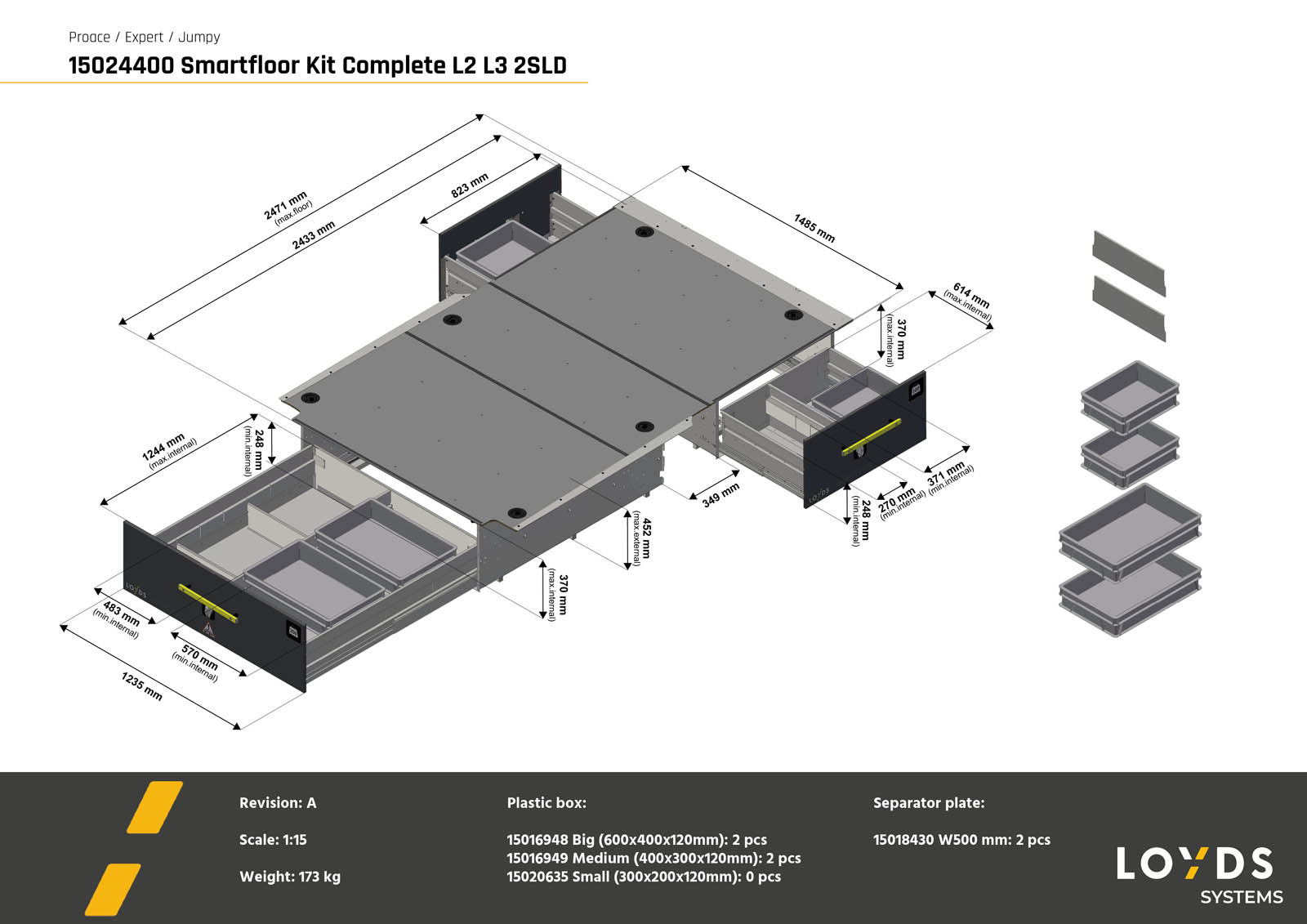 3D-illustrasjon av et komplett universalt Smartfloor som passer i Expert, Jumpy, Proace, Scudo og Vivaro med to skyvedører (L2/L3)