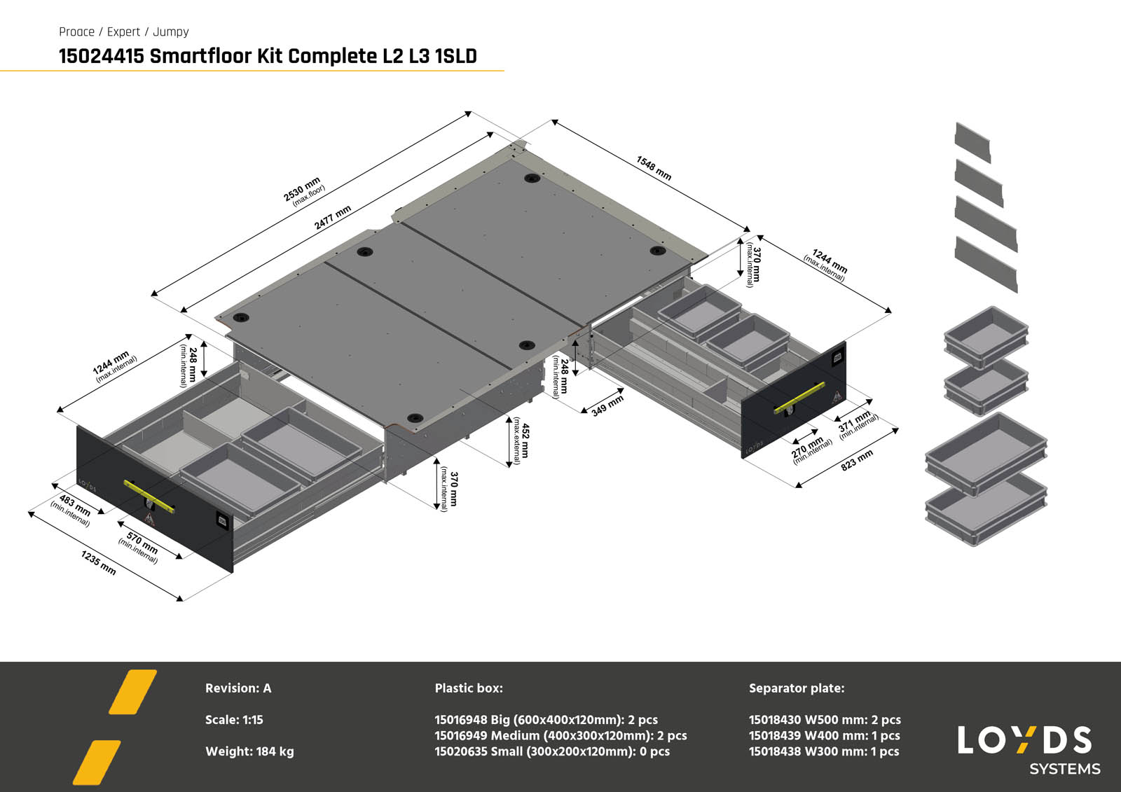 3D-illustrasjon av et komplett universalt Smartfloor som passer i Expert, Jumpy, Proace, Scudo og Vivaro med 1 skyvedør (L2/L3)