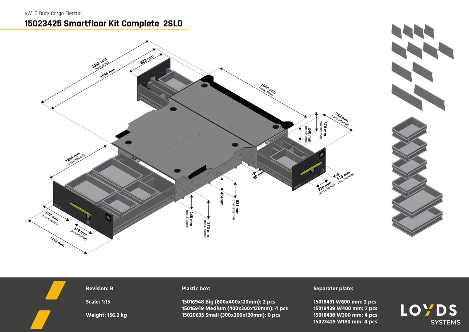 3D-illustrasjon som viser komplett Smartfloor dobbelgulv til Volkswagen ID. Buzz med to skyvedører for effektiv og tilgjengelig oppbevaring.