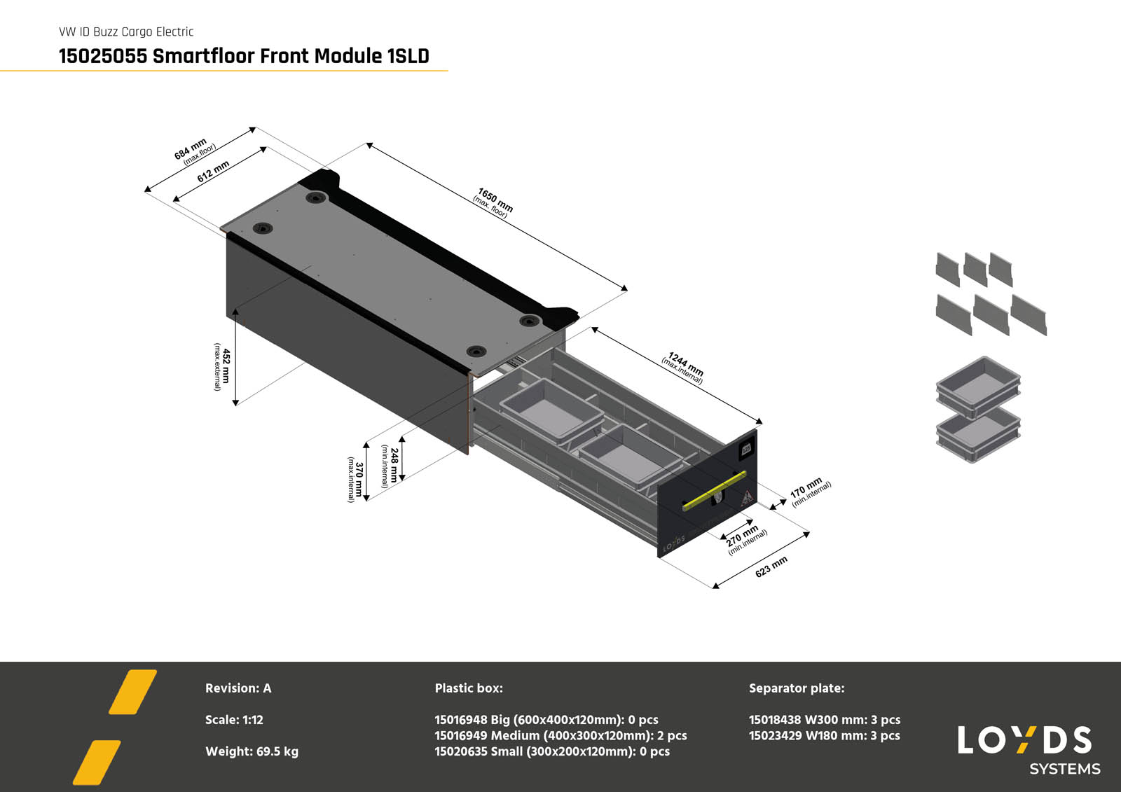 3D-illustrasjon som viser Smartfloor dobbelgulv frontmodul til Volkswagen ID. Buzz Cargo med én skyvedør for effektiv oppbevaring.