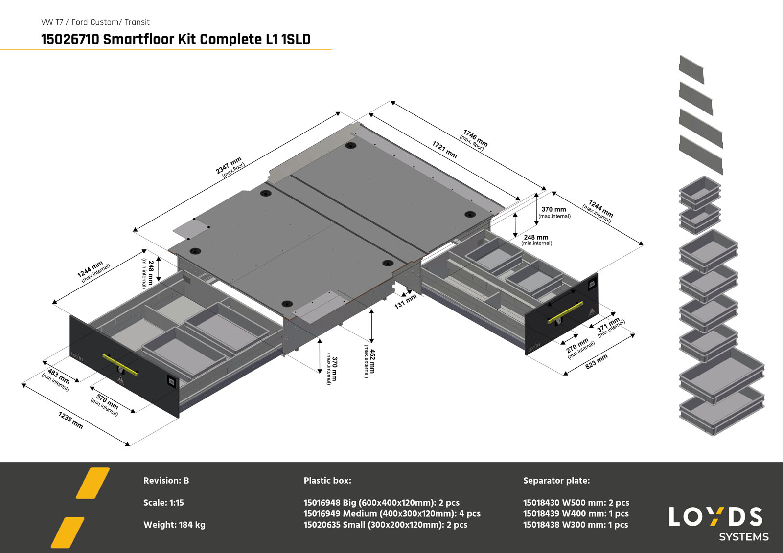 3D-illustrasjon av komplett Smartfloor dobbelgulv til Volkswagen Transporter 7 eller Ford Transit Custom L1 med én skyvedør.