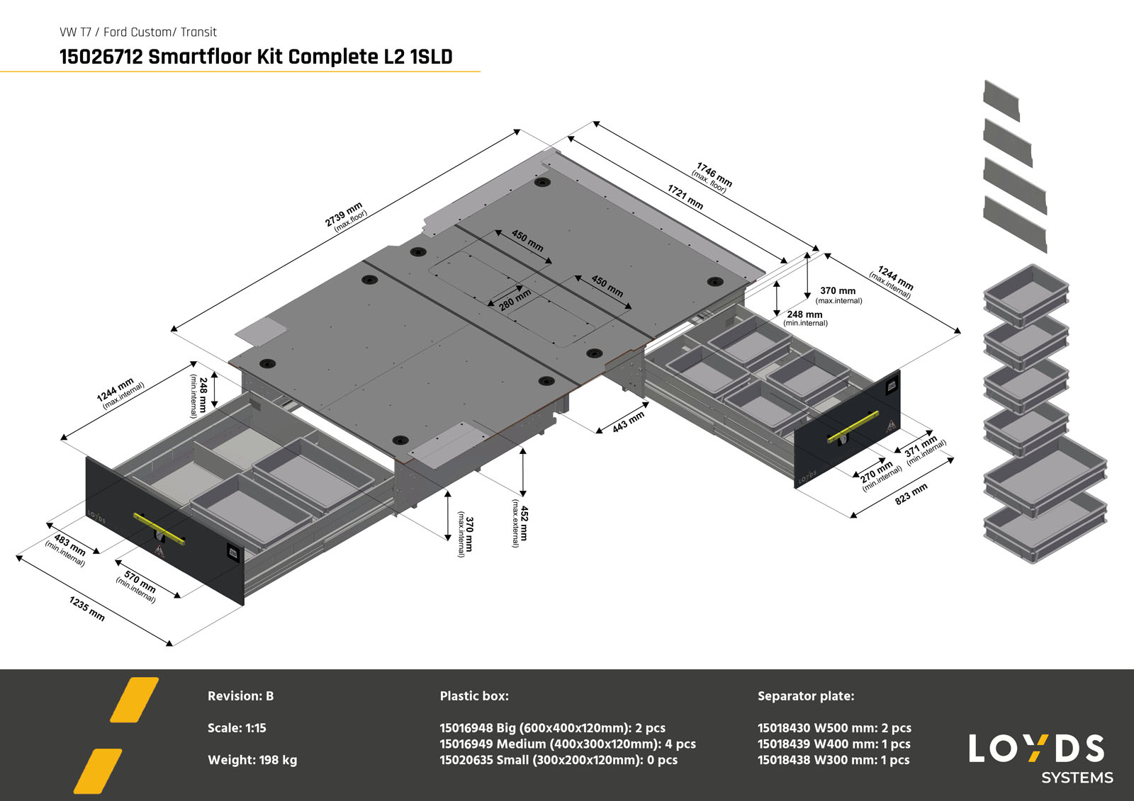3D-illustrasjon av komplett Smartfloor dobbelgulv til Volkswagen Transporter 7 eller Ford Transit Custom L2 med én skyvedør.