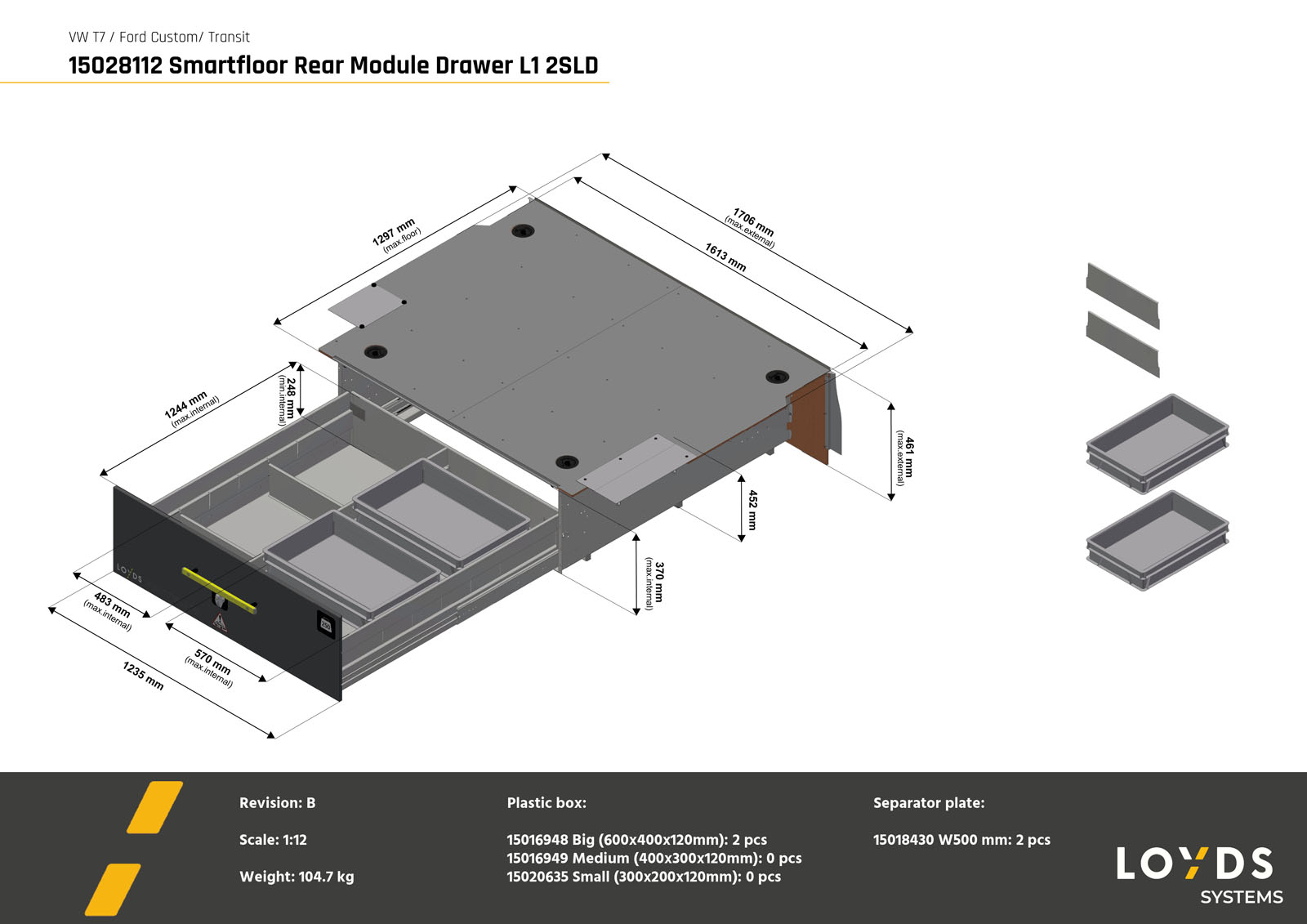 3D-illustrasjon av Smartfloor dobbelgulv bakmodul til Volkswagen Transporter 7 eller Ford Transit Custom L1.
