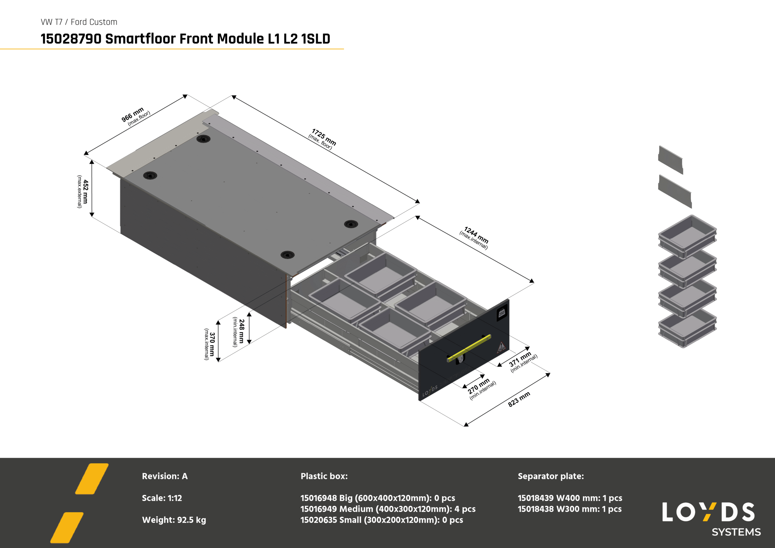 3D-illustrasjon av frontmodul Smartfloor dobbelgulv i Volkswagen Transporter 7 L2 1SLD