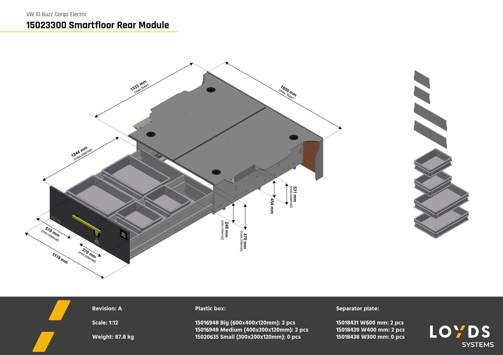 3D-illustrasjon av Smartfloor dobbelgulv bakmodul til Volkswagen ID. Buzz Cargo.