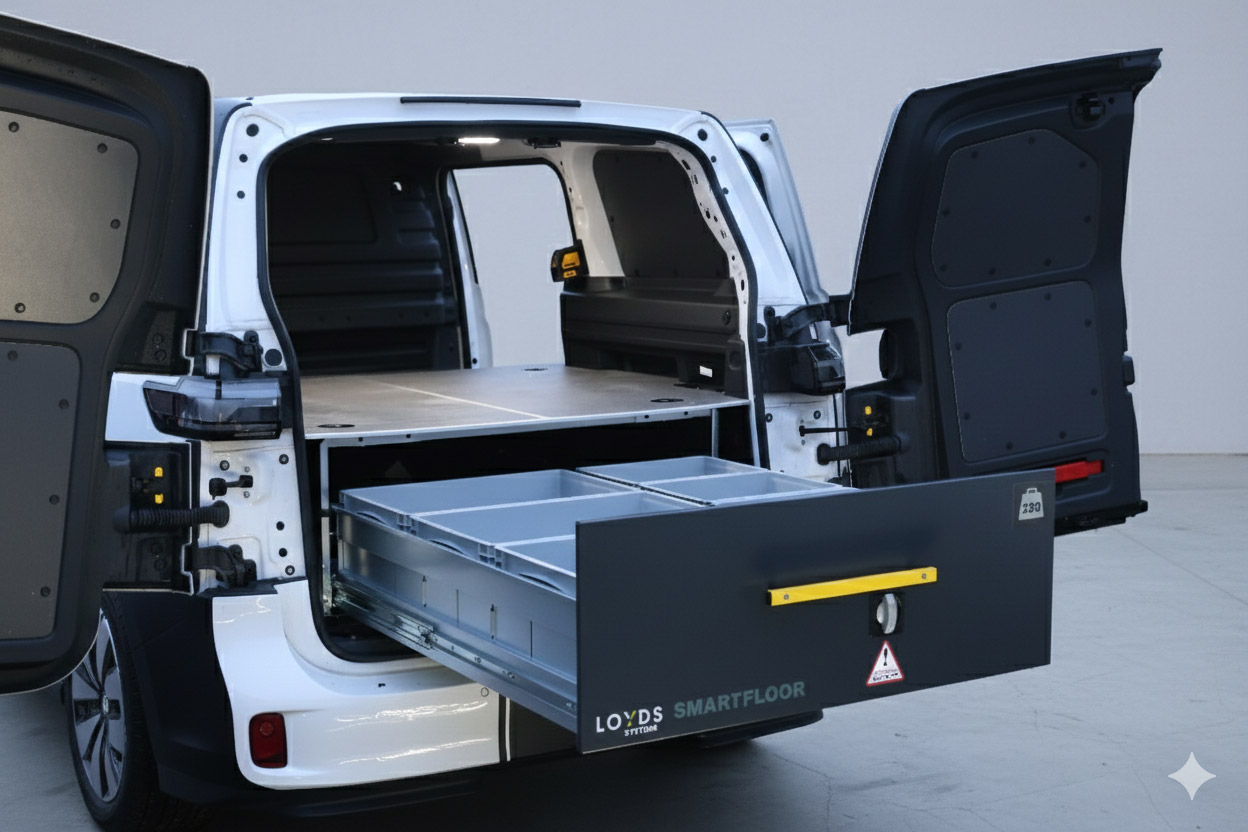 Smartfloor dobbelgulv bakmodul i Volkswagen ID. Buzz Cargo uttrekksskuff i åpen posisjon for enkel tilgang.