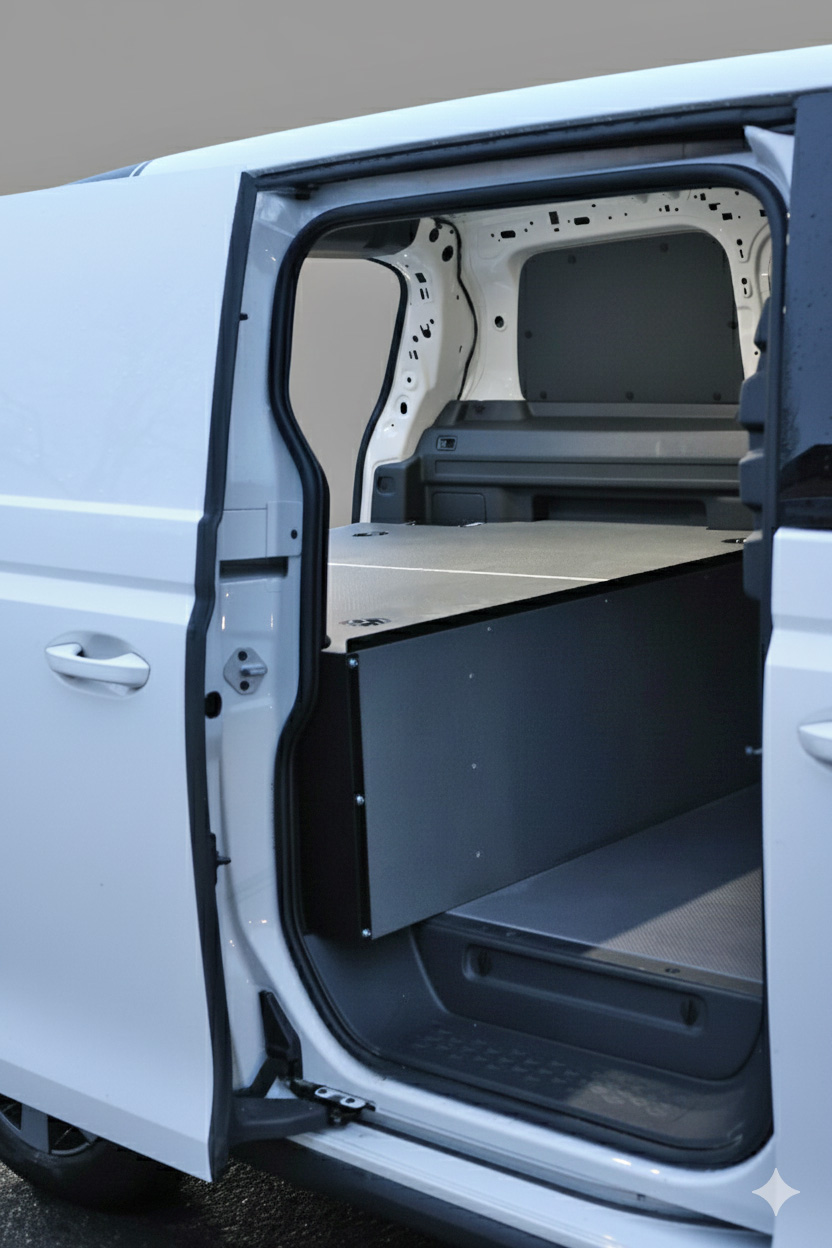 Smartfloor dobbelgulv bakmodul i Volkswagen ID. Buzz Cargo, sett fra siden, med én skyvedør.