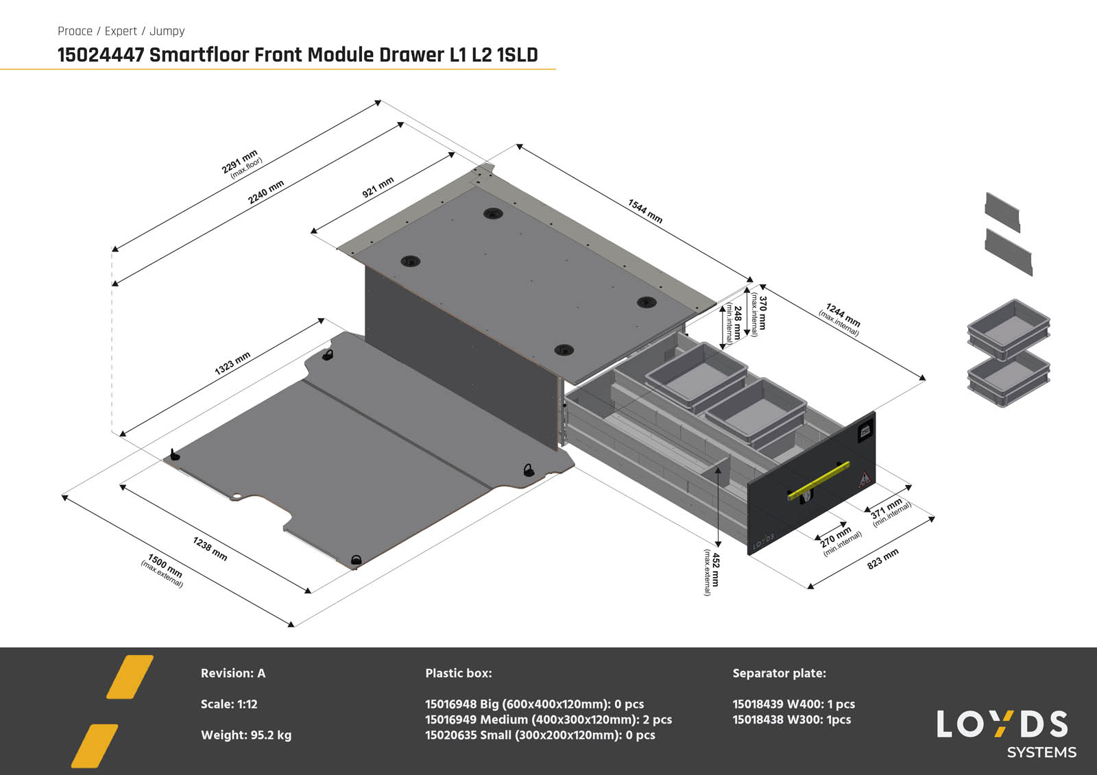 3D-illustrasjon av Smartfloor frontmodul som passer i Expert, Jumpy, Proace, Scudo og Vivaro 1SLD L1 L2