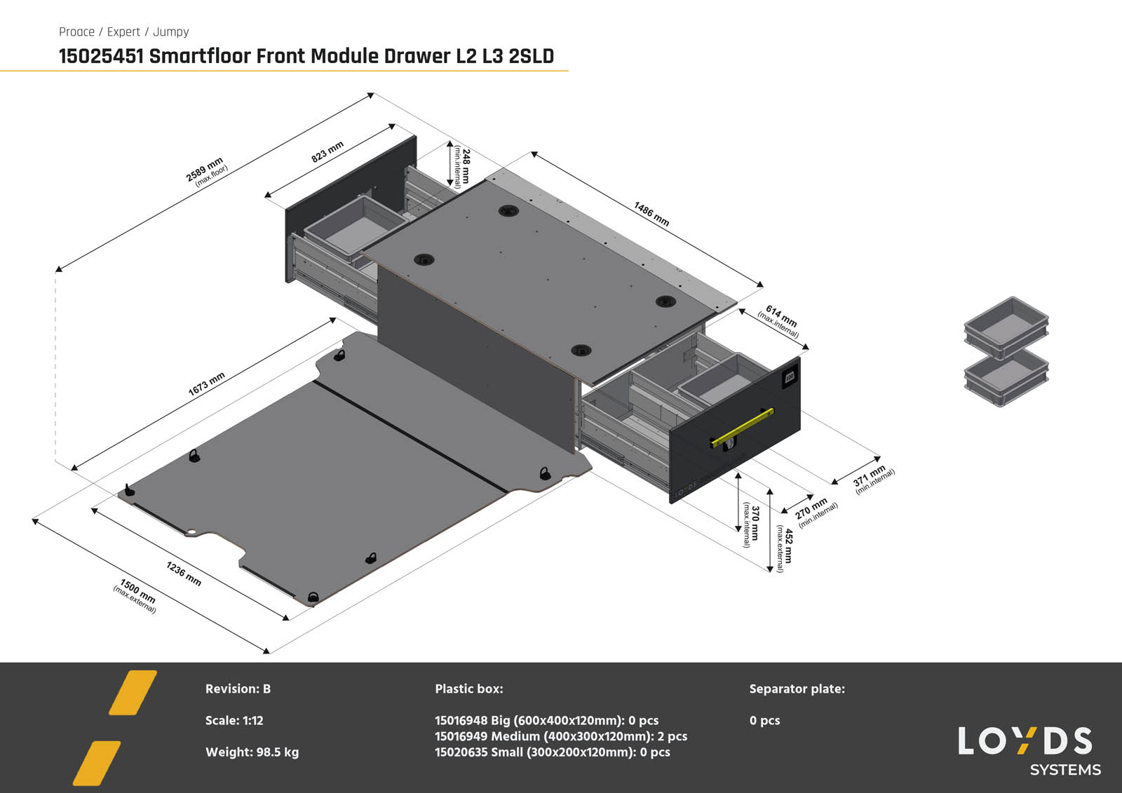 3D-illustrasjon av Smartfloor frontmodul som passer i Expert, Jumpy, Proace, Scudo og Vivaro 2SLD L2 L3